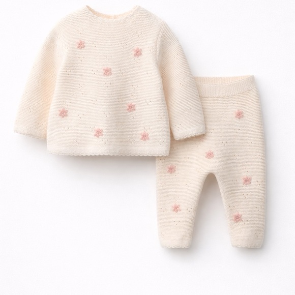 Zara Cream Knit Sweater with Pink Flower Embroidery set